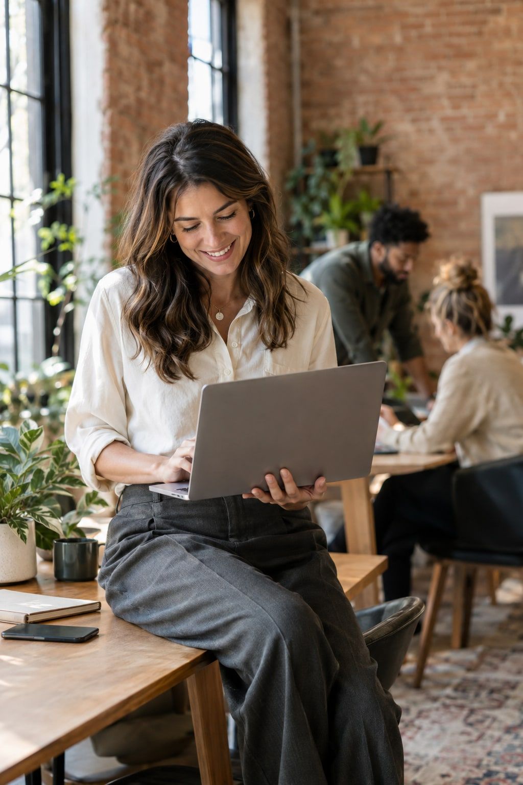 A marketing agency founder reviewing results on a laptop in a bright loft studio