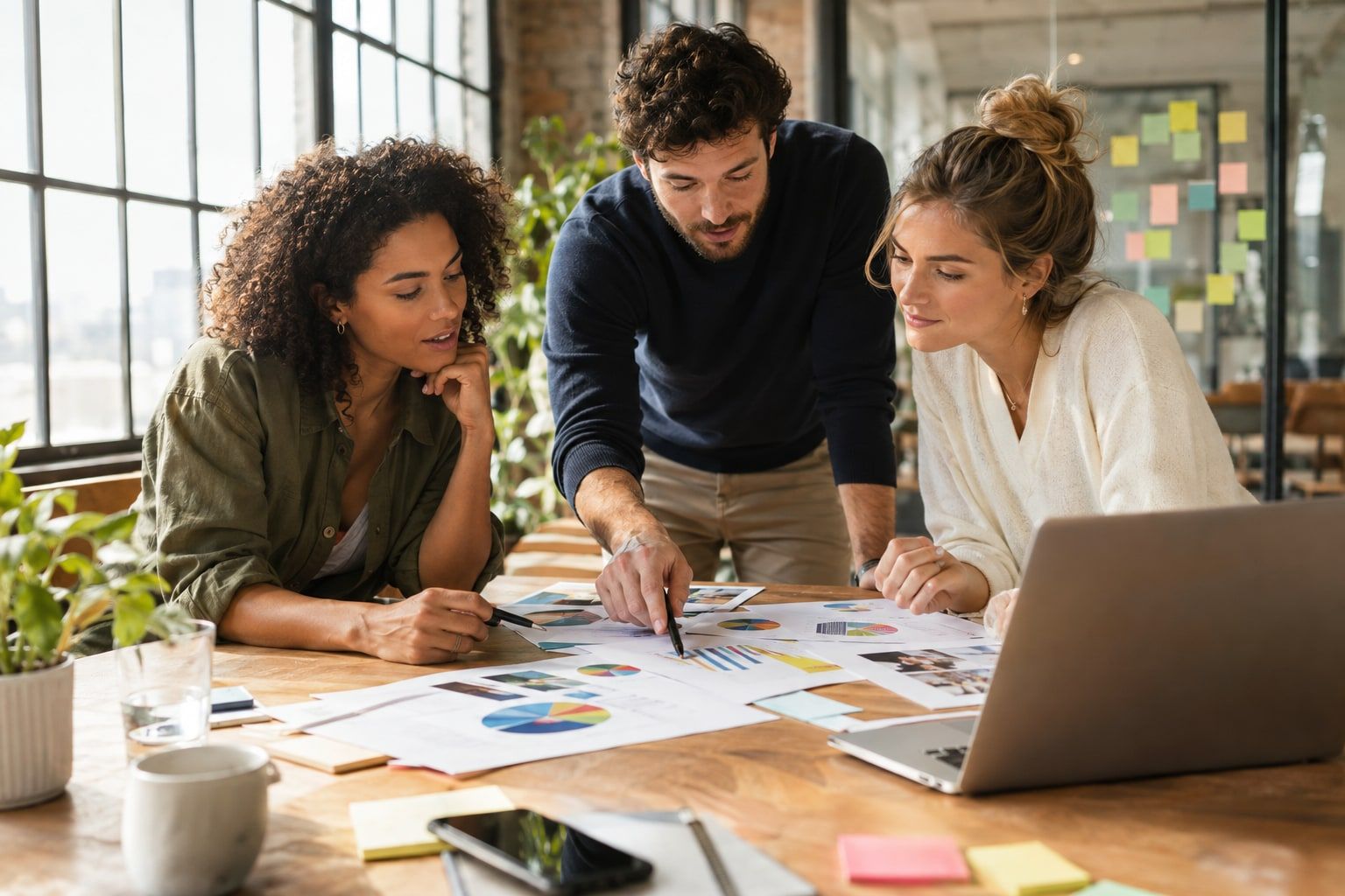An agency team discussing a client campaign around a table in a sunlit loft