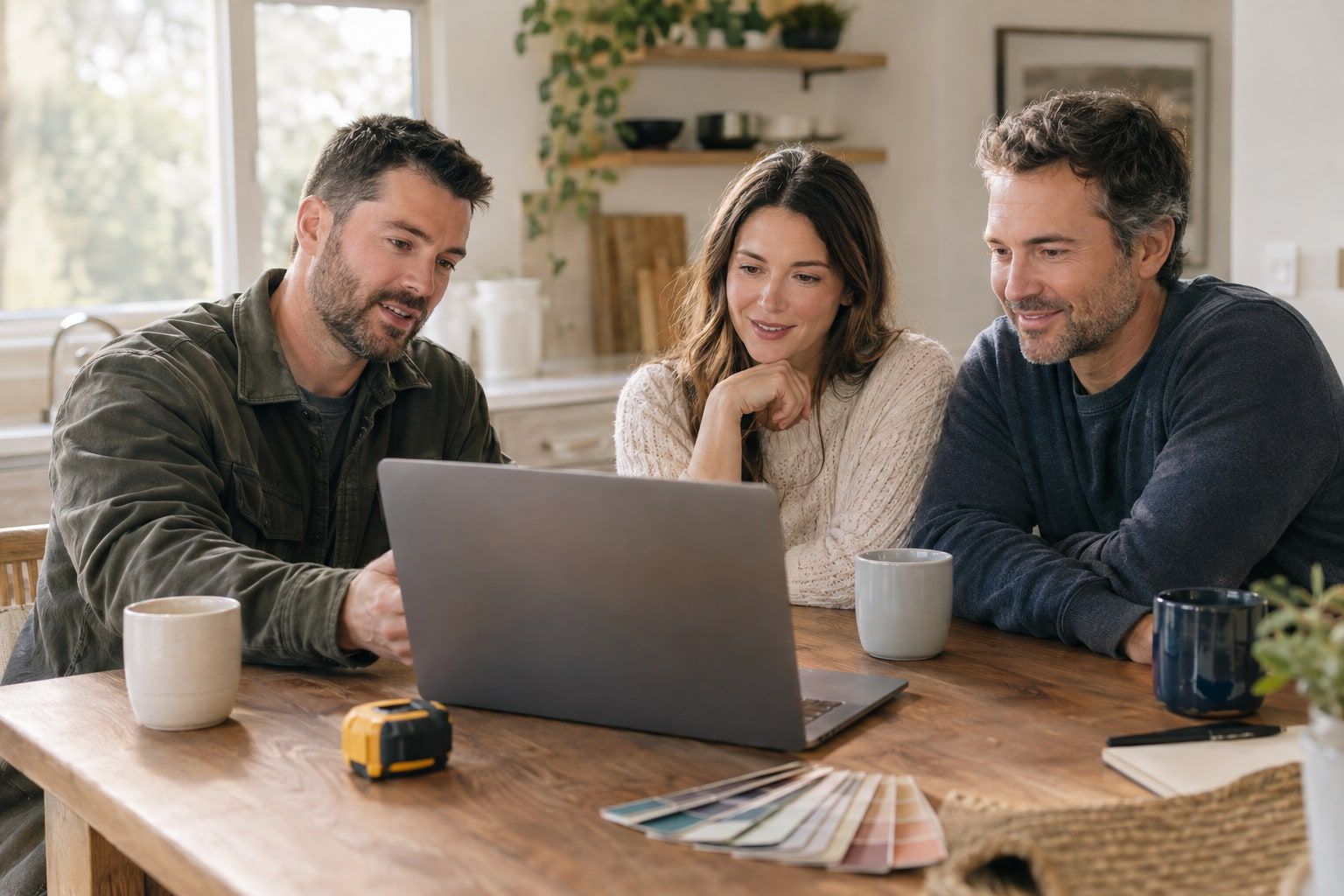 A contractor walking a homeowner couple through a renovation quote at their kitchen table