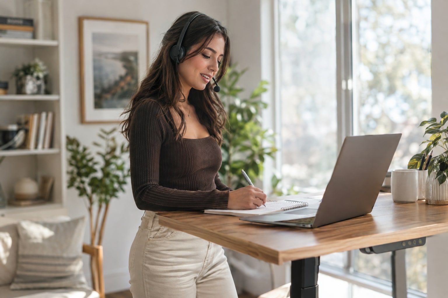 An appointment setter taking notes on a call at her standing desk