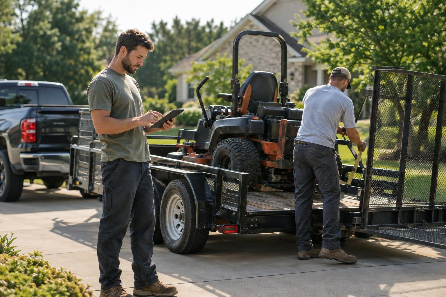 A lawn care crew loading a mower onto a trailer while one crew member checks a tablet