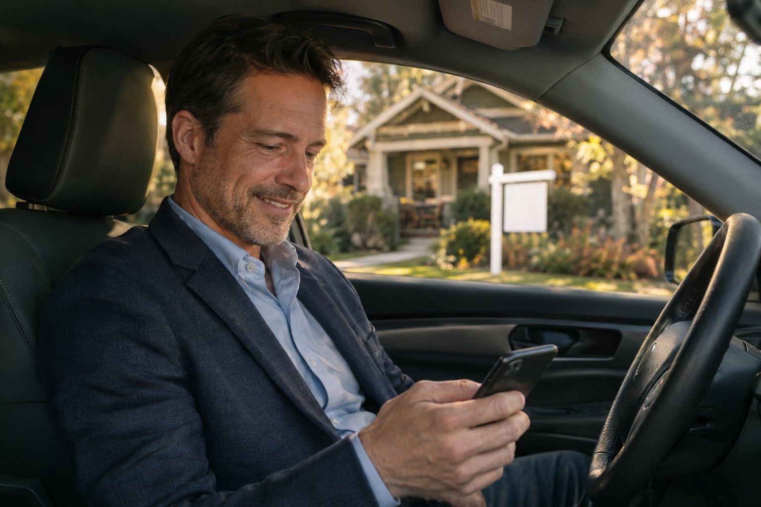 A real estate agent replying to a client on his phone in his car between showings